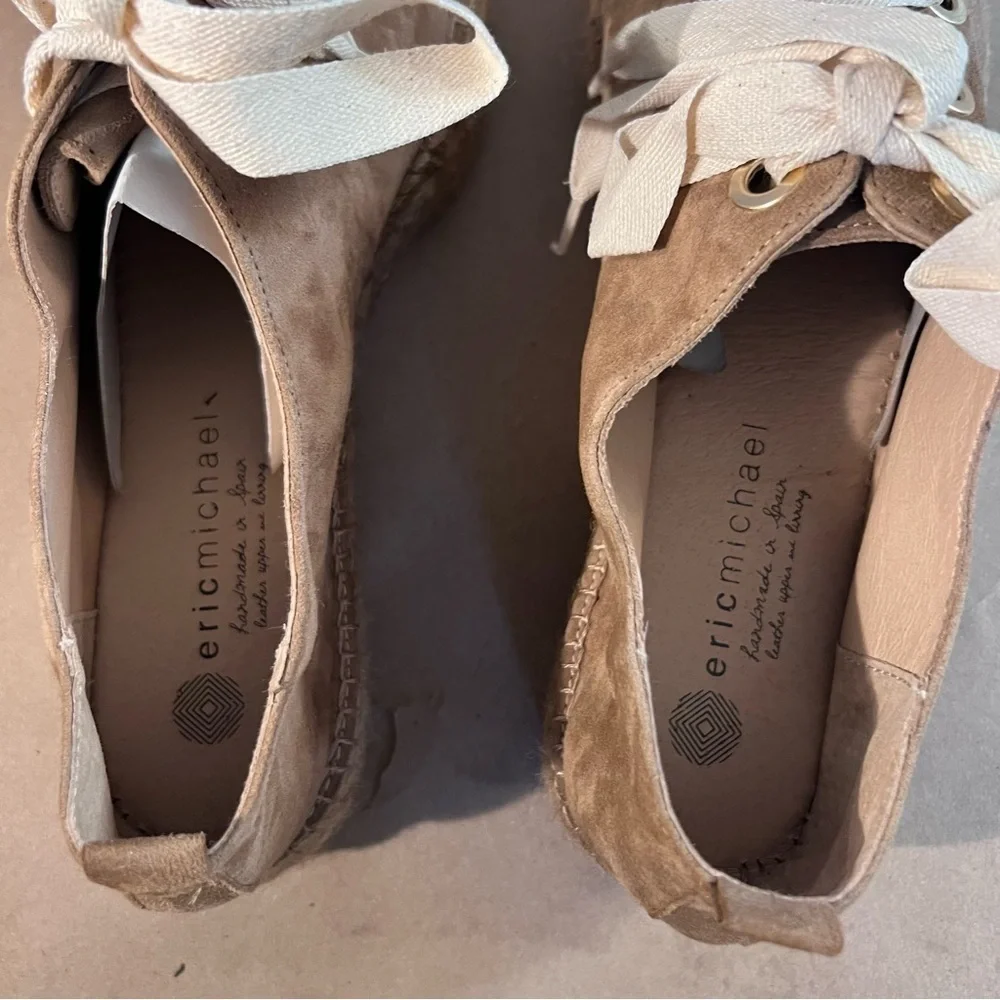 NWOB Eric Michael Womens Espadrilles Platform Heels Tan Suede LaceUp Spain EU 42
